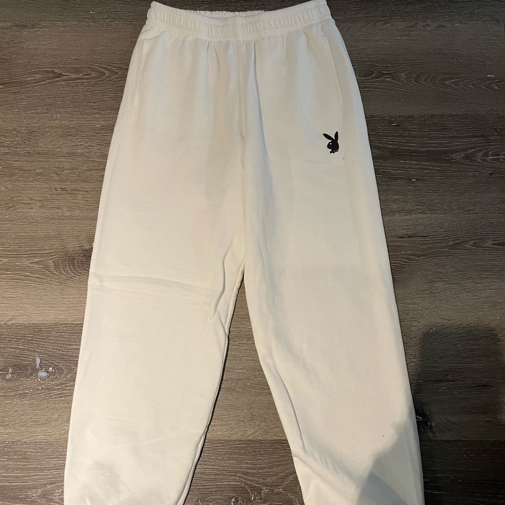 Womens white playboy print joggers